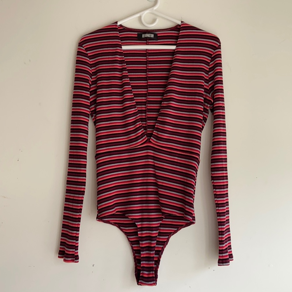 Reformation Poor Boy Striped Rib Bodysuit Plunging V-Neck Front